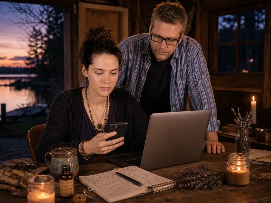 Lilly and Don reviewing private client messages for Seductive Spells